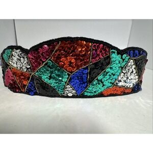 VTG 80's Multicolor Sequined Beaded Satin Elastic Belt Cummerbund Rainbow